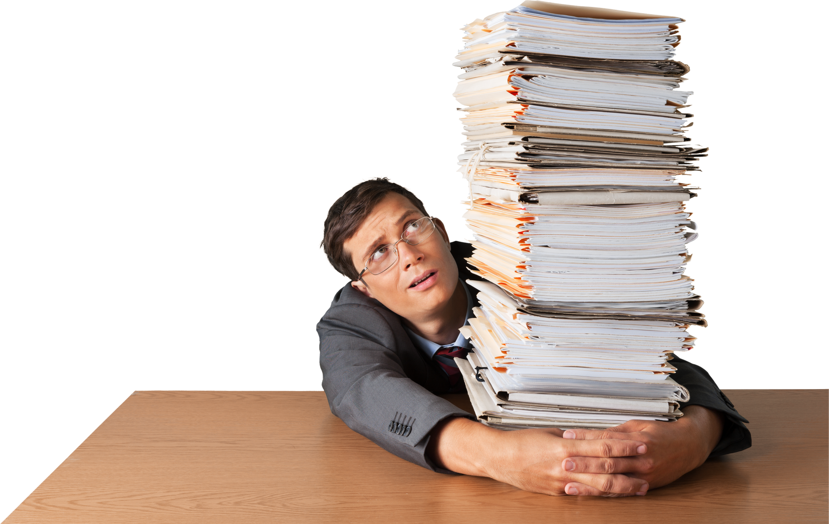 Portrait of a Worried Employee behind a Stack of Documents