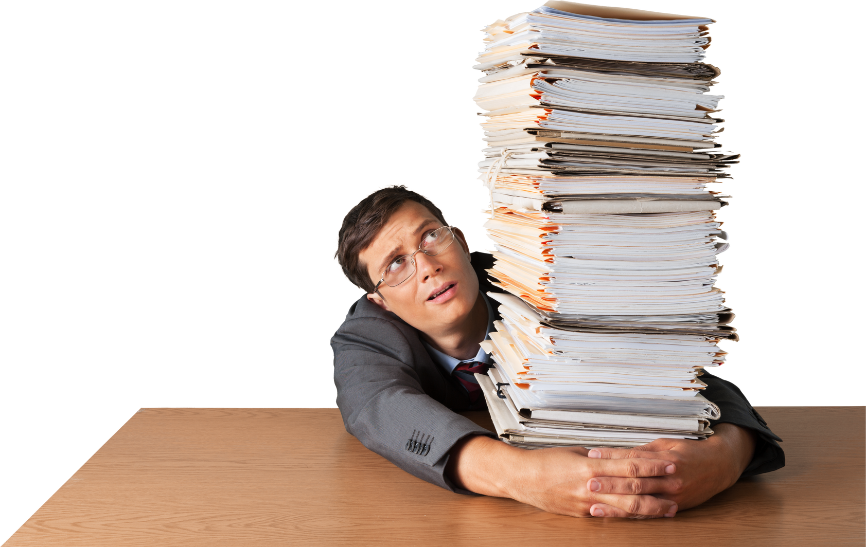 Portrait of a Worried Employee behind a Stack of Documents